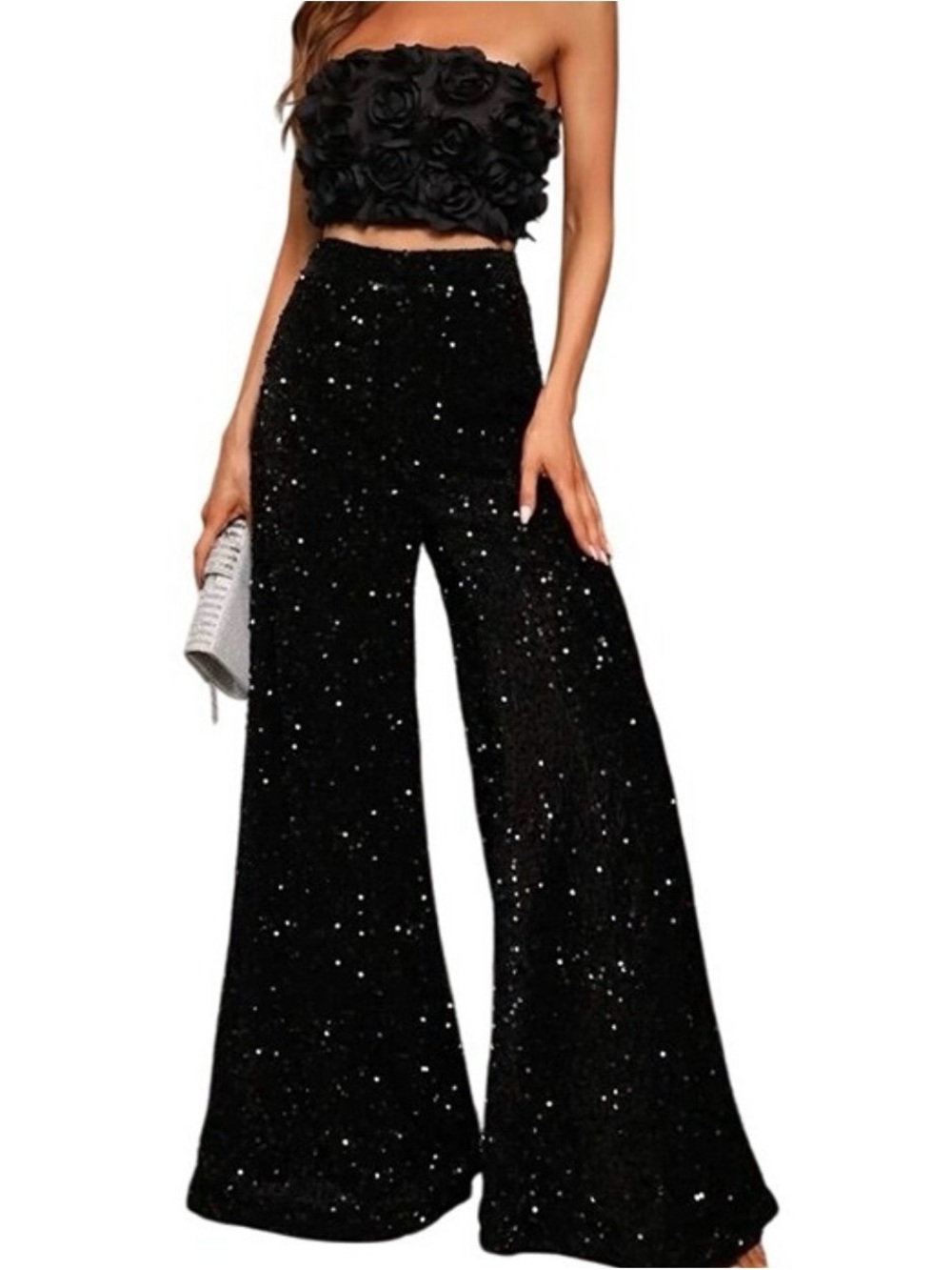Faeriesty Wide Leg Sequin Pants Velour Black Lined - Size Small